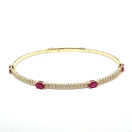 14k Yellow Gold Halfway Flex Bracelet with Ruby Gemstones and Diamonds 6.5"