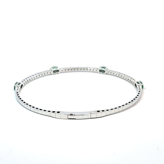 14k White Gold Halfway Flex Bracelet with Emerald Gemstones and Diamonds 6.5"