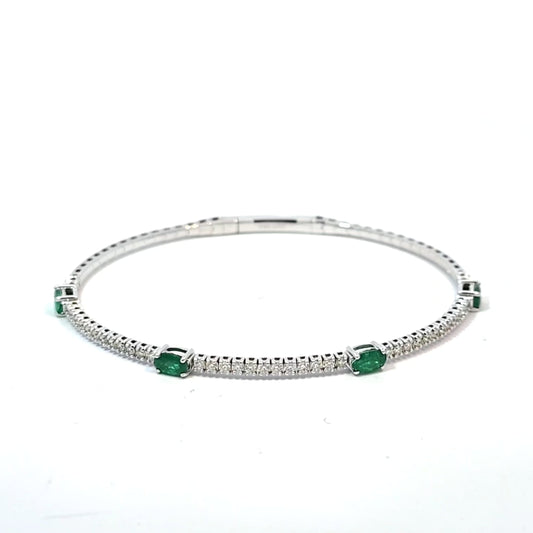 14k White Gold Halfway Flex Bracelet with Emerald Gemstones and Diamonds 6.5"