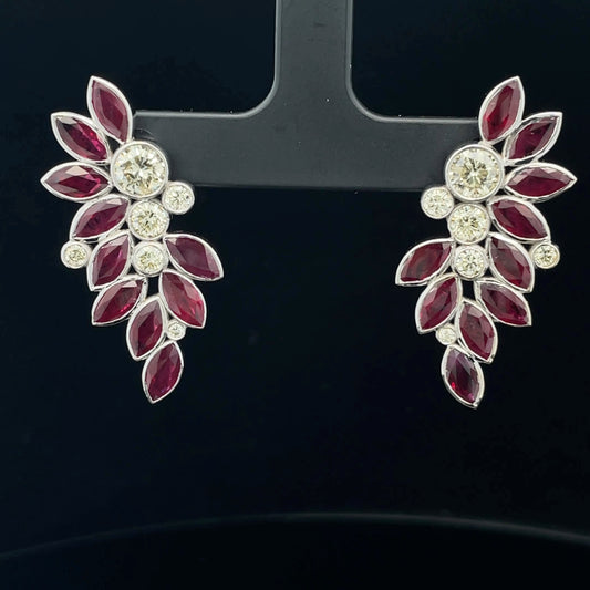 Diamond Berry Ruby Leaf Earrings