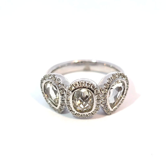 3 Rose Cut Diamond Ring in 14k White Gold