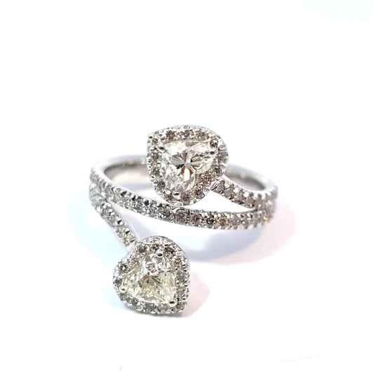 14k White Gold Double Heart-shaped Diamond Bypass Ring 1.55ct