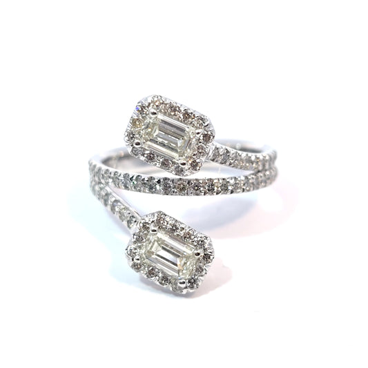 14k White Gold Double Emerald-Cut Diamond Bypass Ring 1.66ct