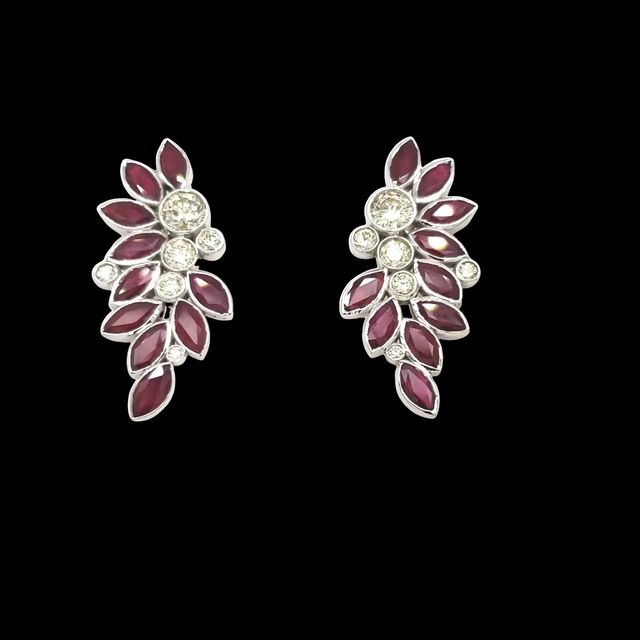 Diamond Berry Ruby Leaf Earrings