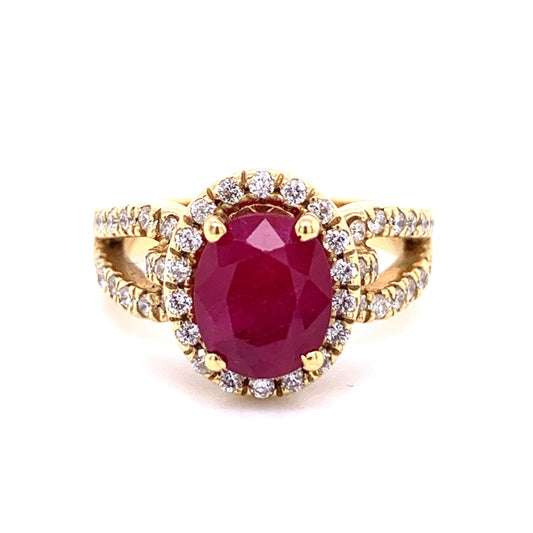 Oval Ruby and Halo Diamond Ring in 18K Yellow Gold