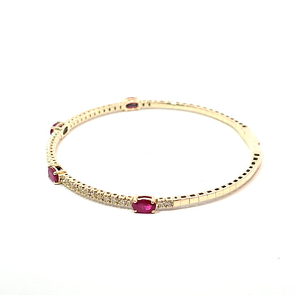 14k Yellow Gold Halfway Flex Bracelet with Ruby Gemstones and Diamonds 6.5"