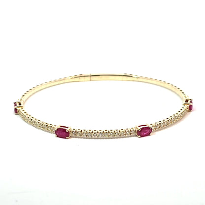 14k Yellow Gold Halfway Flex Bracelet with Ruby Gemstones and Diamonds 6.5"