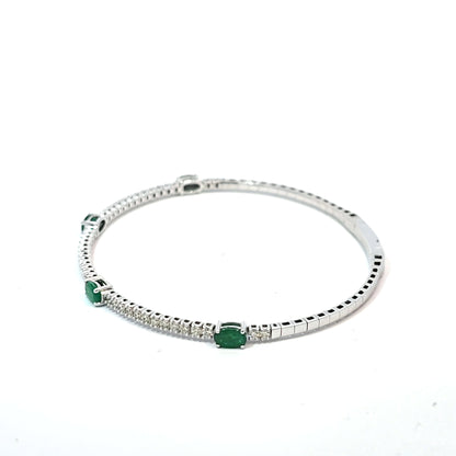 14k White Gold Halfway Flex Bracelet with Emerald Gemstones and Diamonds 6.5"