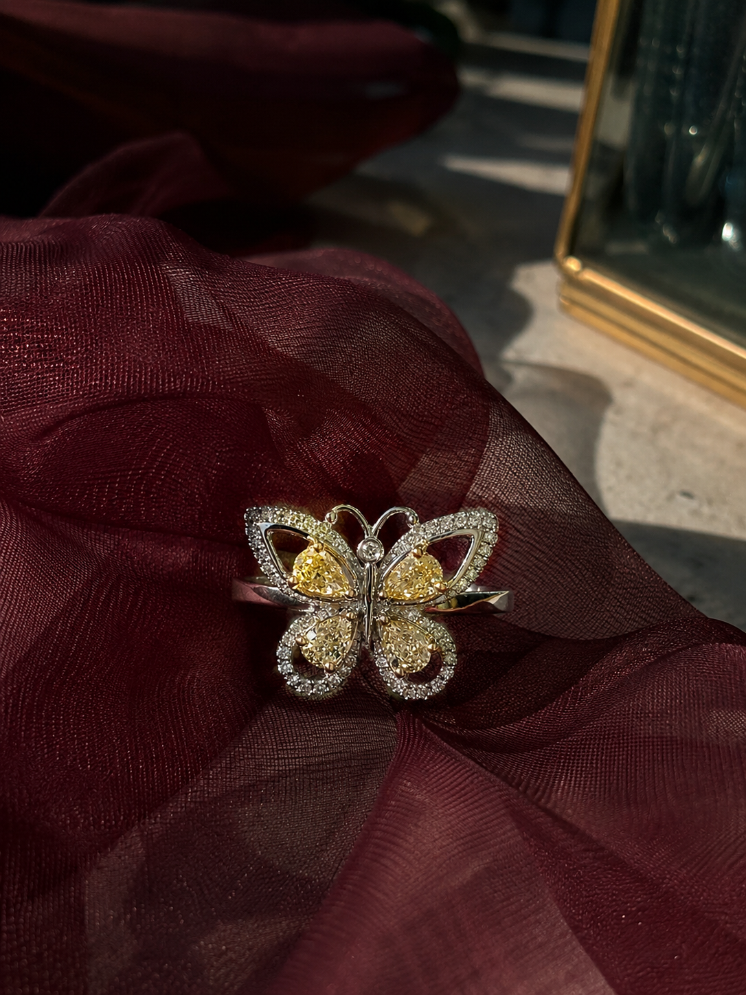 Yellow Pear Diamond Butterfly Ring
