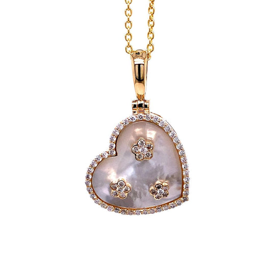 Heart Shape Mother of Pearl and Diamond Pendant in 14K Rose, Yellow, or White Gold