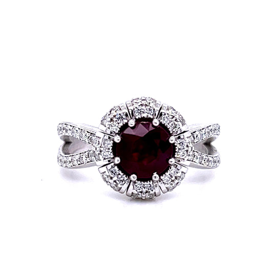 Round Ruby and Diamond Ring in 14k White Gold