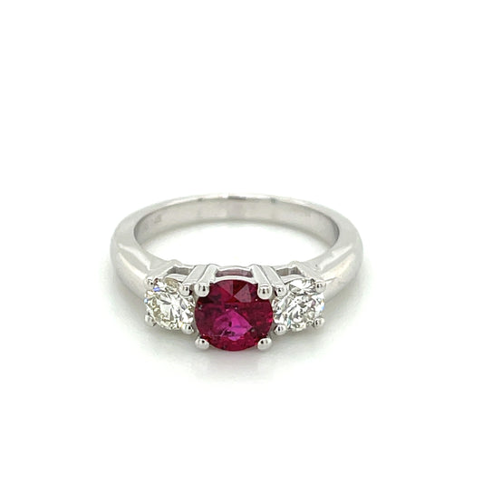 Ruby and Diamond 3 Stone Ring in 14k White Gold