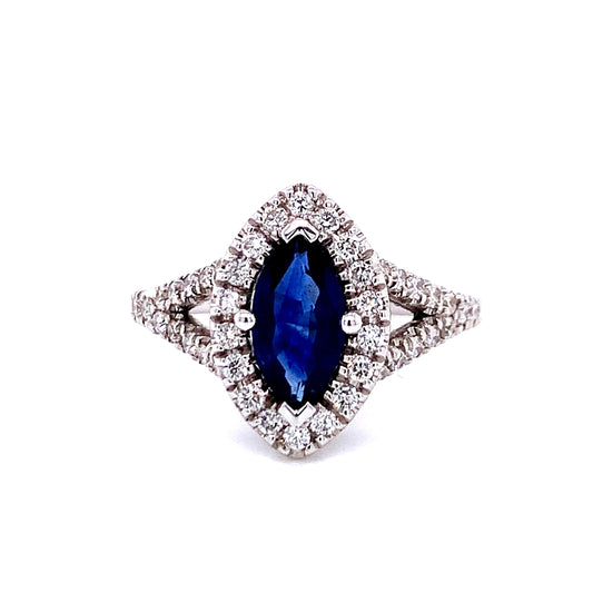 Marquise Sapphire Halo Diamond Ring in 14K White Gold