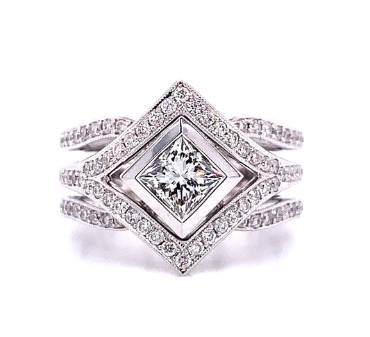 Art Deco Princess Cut Diamond Engagement Ring in 14K White Gold